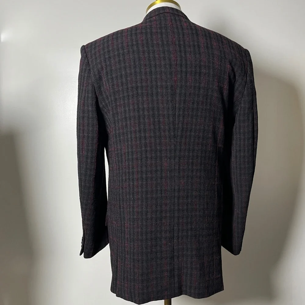 Cigar Couture Suit Mens 40L W34 Charcoal Burgundy Plaid 3-Button Textured Blazer